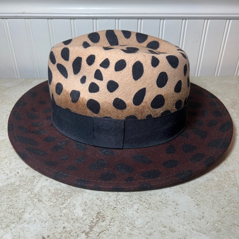 Anna & Ava 100% Wool Fedora Hat Brown Tan Animal Print Spots Wide Brim OS